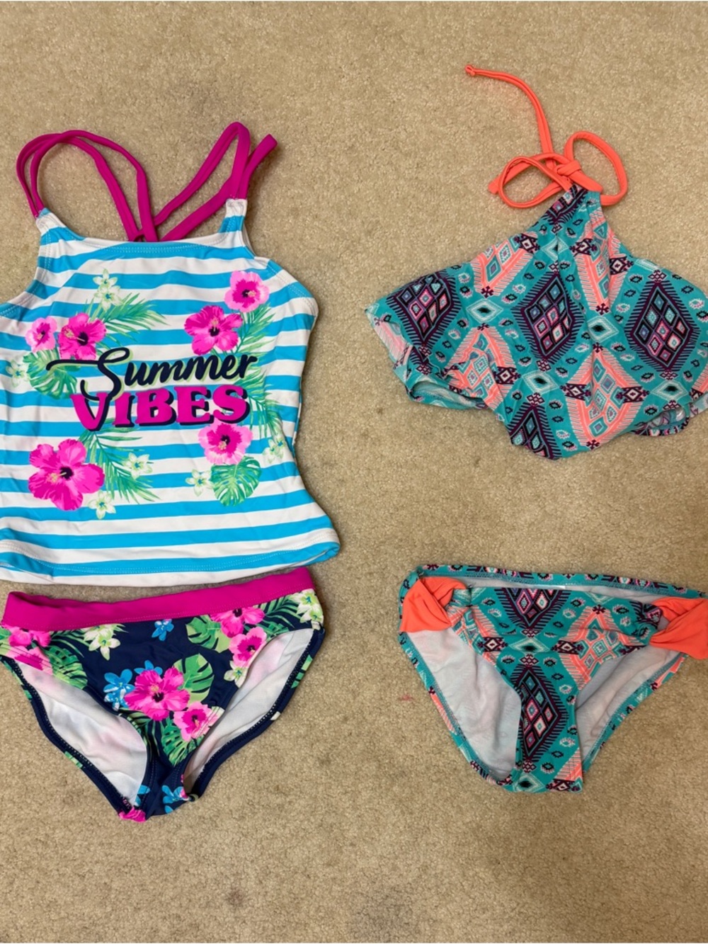 Girls Tropical Summer Bikini & Tankini Set - Turquoise, Pink, Coral 7-8Y